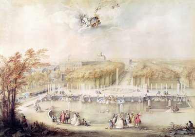 Blick auf die Gärten und das Schloss von Versailles vom Neptunbrunnen von Jacqes Andre Portail
